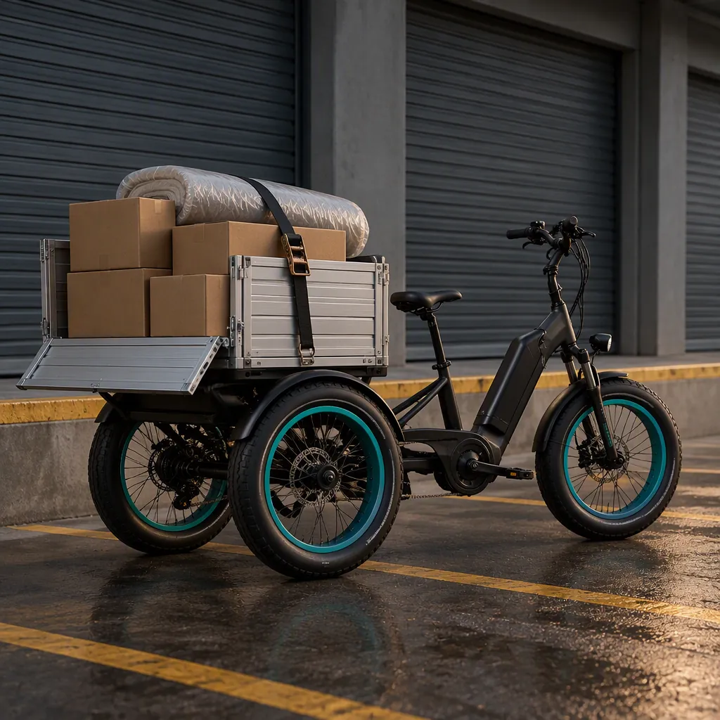 Drop-side cargo box on a three-wheeled electric tricycle open at a loading bay, holding plain moving cartons and a rolled mattress secured with a strap, single front wheel and dual rear wheels fully visible
