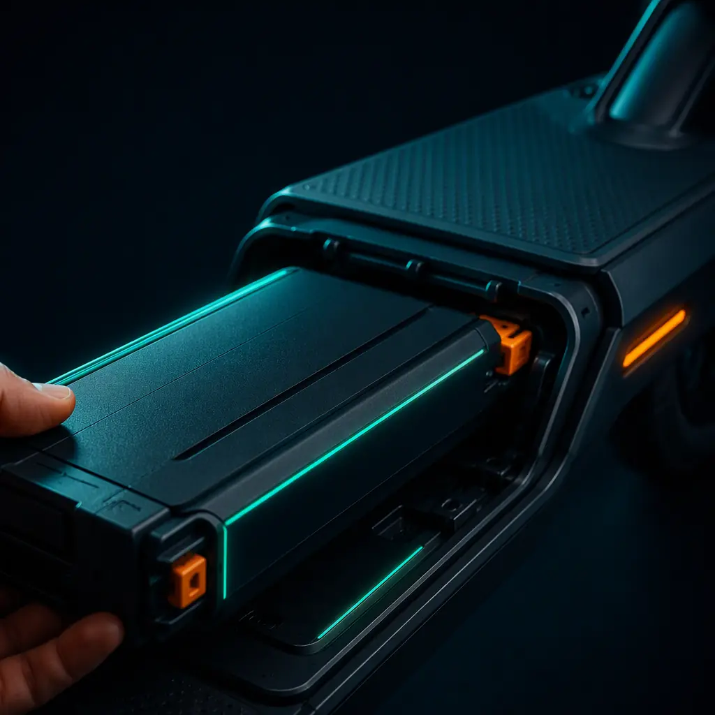 Macro close-up of a swappable lithium battery pack being inserted into a scooter battery compartment