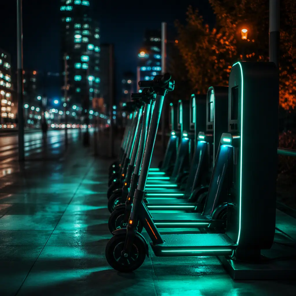 Night scene of a shared e-scooter fleet hub with scooters parked in rows at a charging station