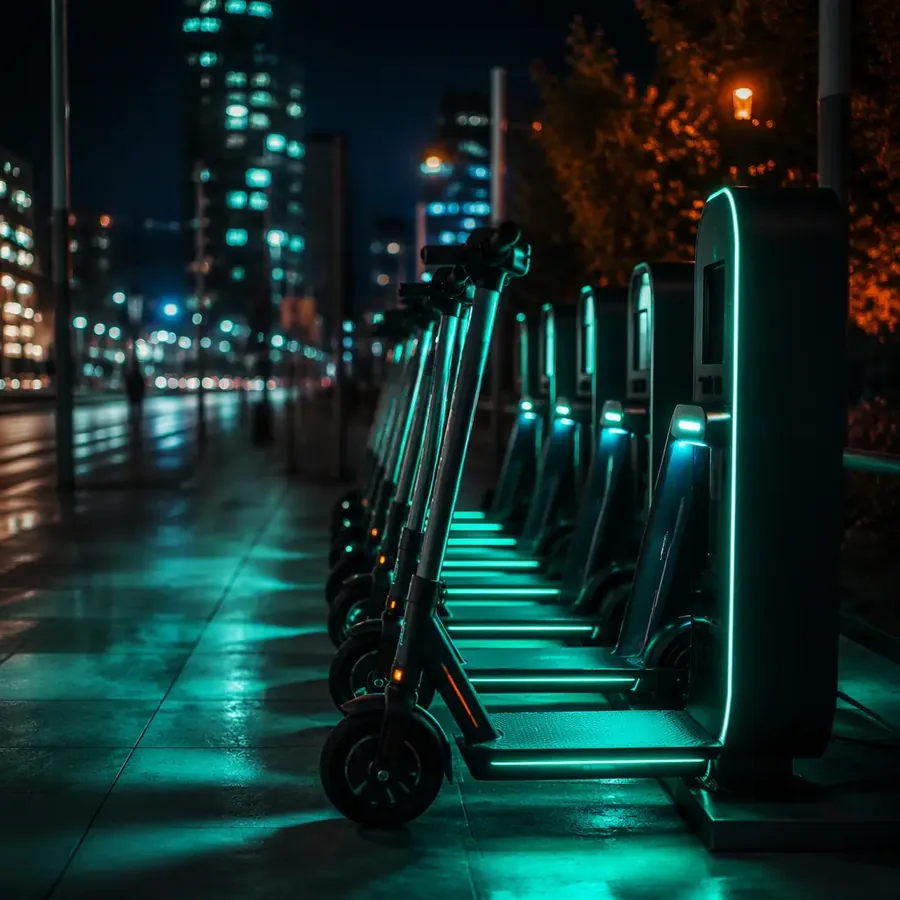 Night scene of a shared e-scooter fleet hub with scooters parked in rows at a charging station