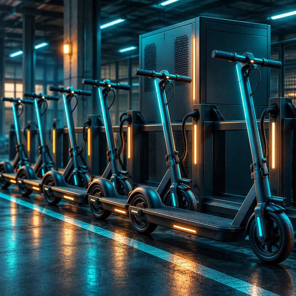 Shared mobility e-scooters parked at a depot charging cabinet with swappable batteries
