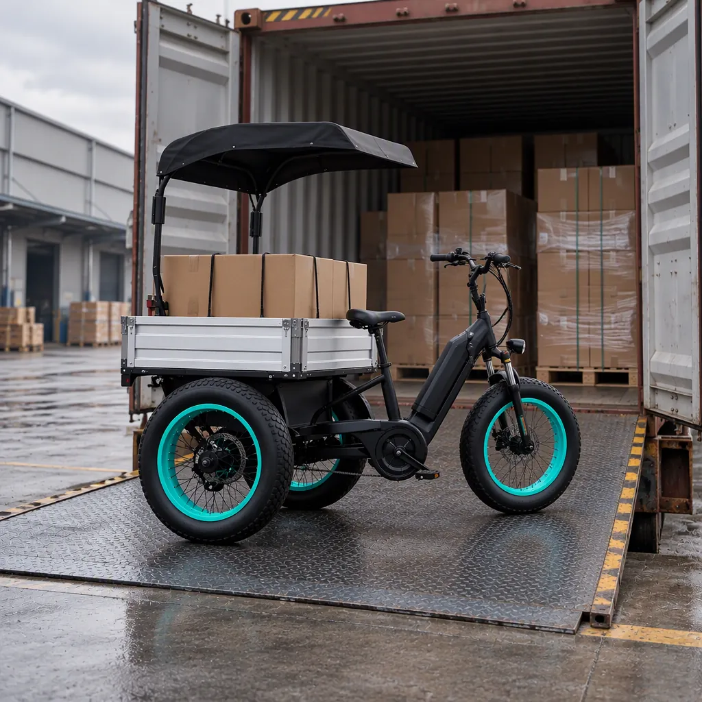 Cargo electric tricycle on the loading ramp of an open 40HQ shipping container, export cartons strapped on pallets inside