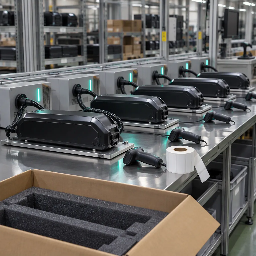 Battery packs on a charge-discharge test bench with tester cables and a foam-lined export carton in the foreground
