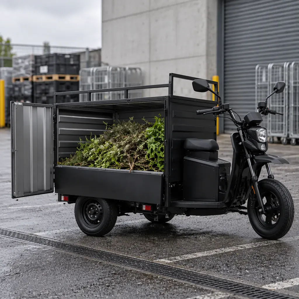 Three-wheeled electric cargo tricycle in a venue back-of-house service yard with staged crates and roll-cage trolleys
