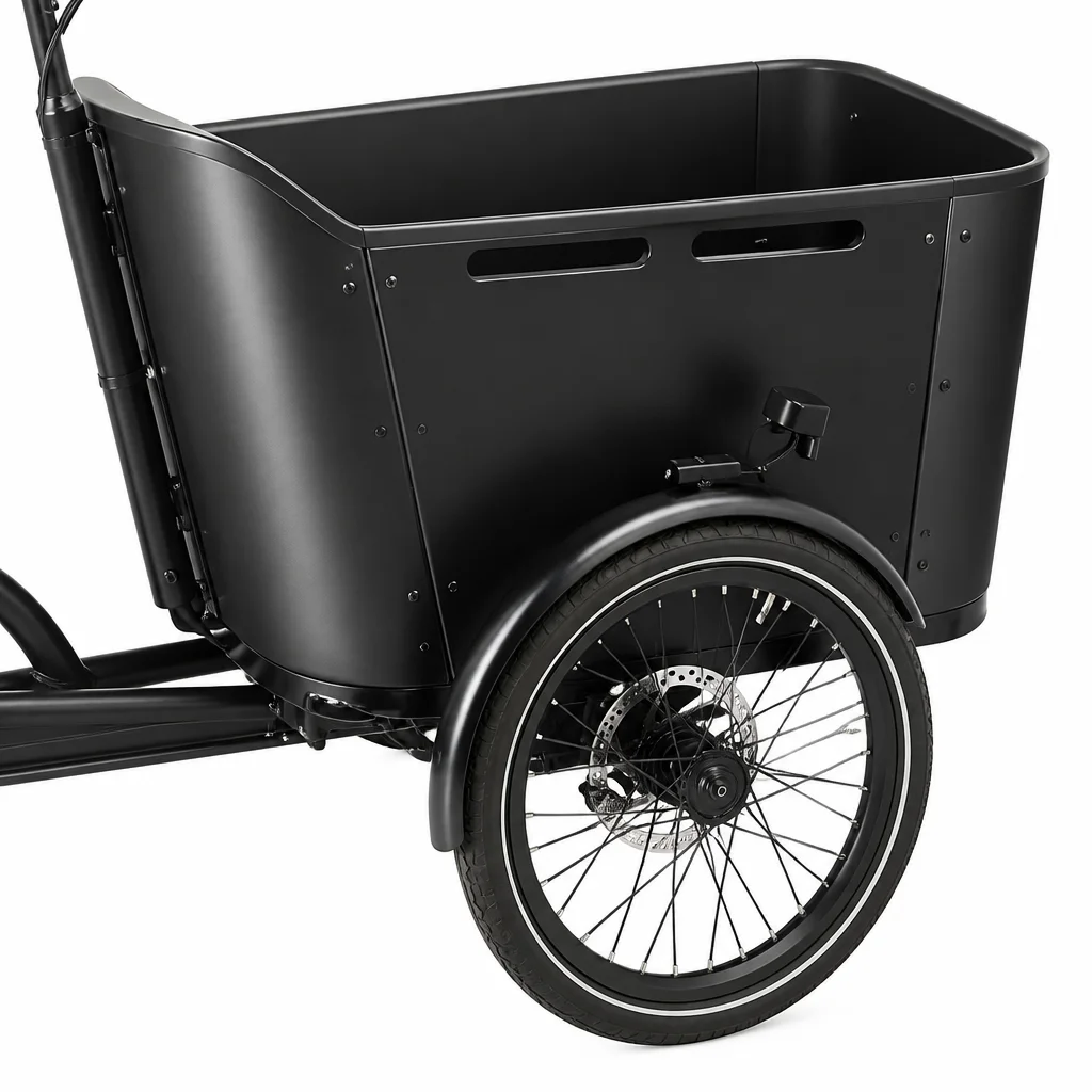 Cargo e-tricycle loaded at a warehouse dock during pre-shipment handling