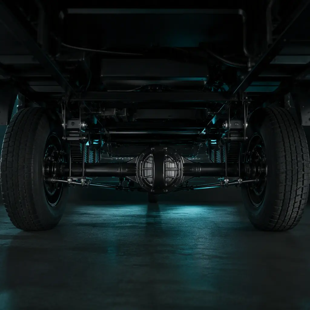 Rear axle of an electric cargo tricycle showing the differential and leaf spring suspension under the cargo box
