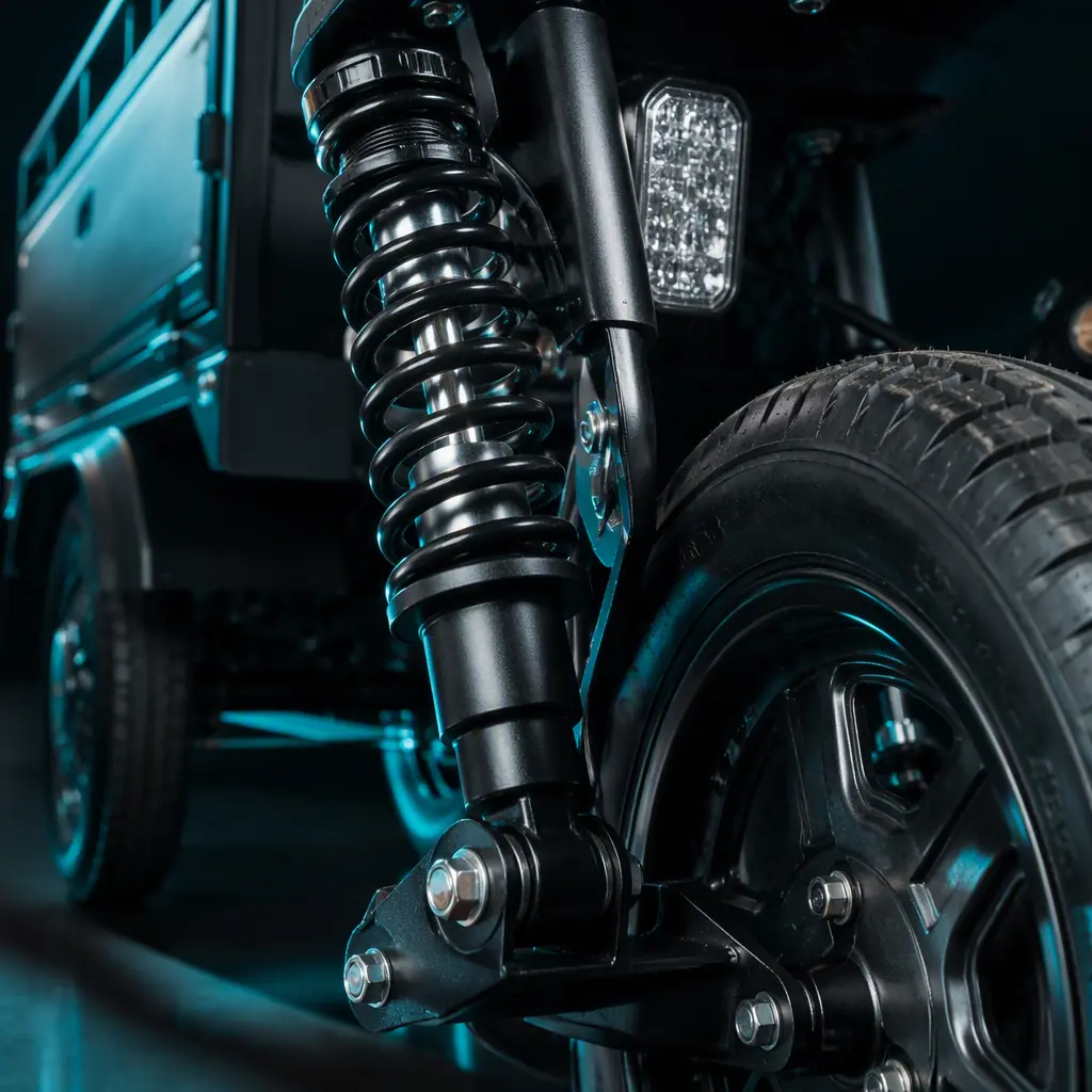 Macro close-up of a hydraulic suspension fork on an electric cargo tricycle front wheel