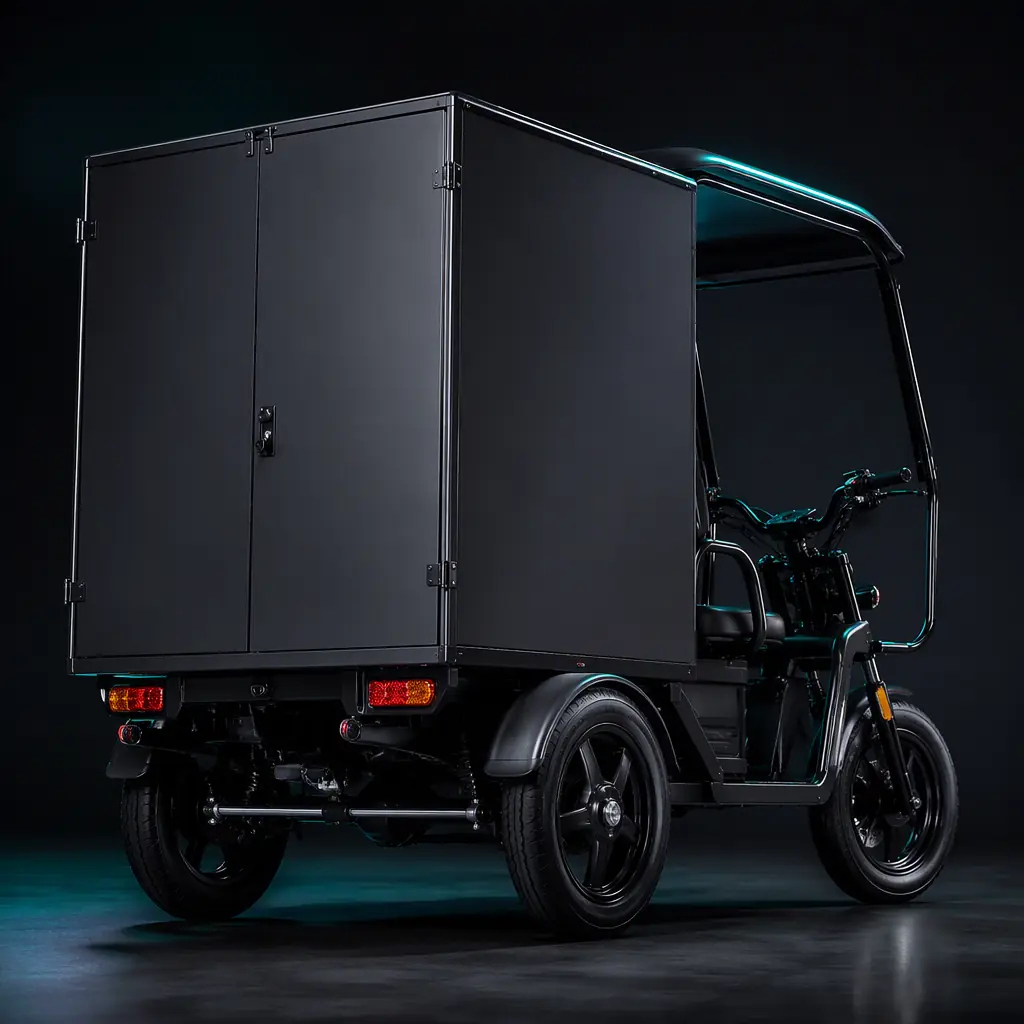 Rider on a loaded electric cargo tricycle with suspension forks riding a smooth city boulevard