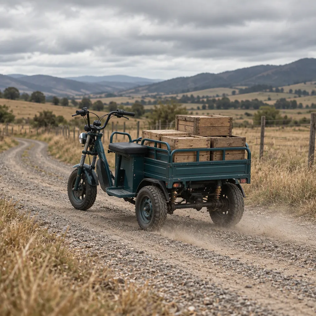 Three-wheeled electric cargo tricycle with a telescopic suspension fork parked on a rural gravel track, one front wheel and two rear wheels