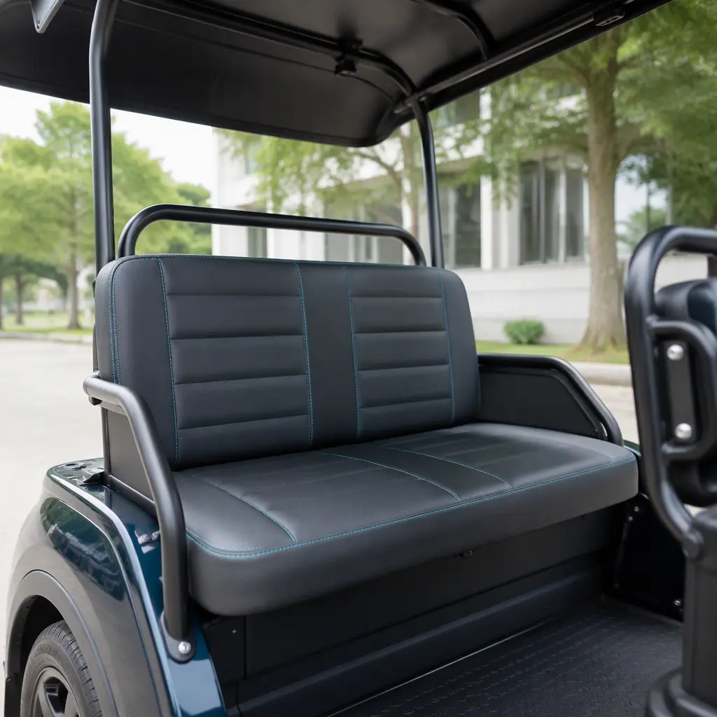 Interior of a three-wheeled electric passenger tricycle with a two-seat bench, backrest, grab handle, and canopy roof
