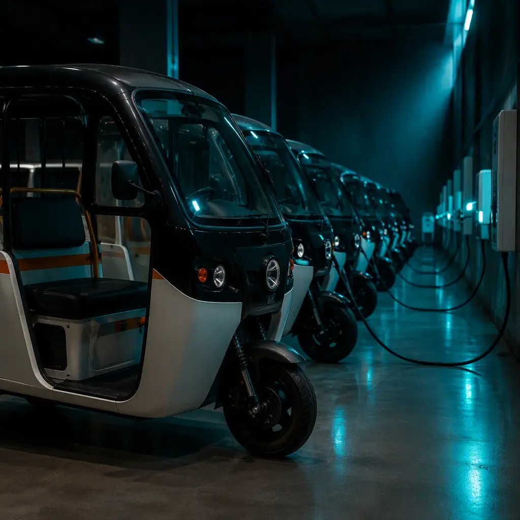Row of three-wheeled electric passenger tricycles parked at a depot charging station, dark showroom with teal rim lighting