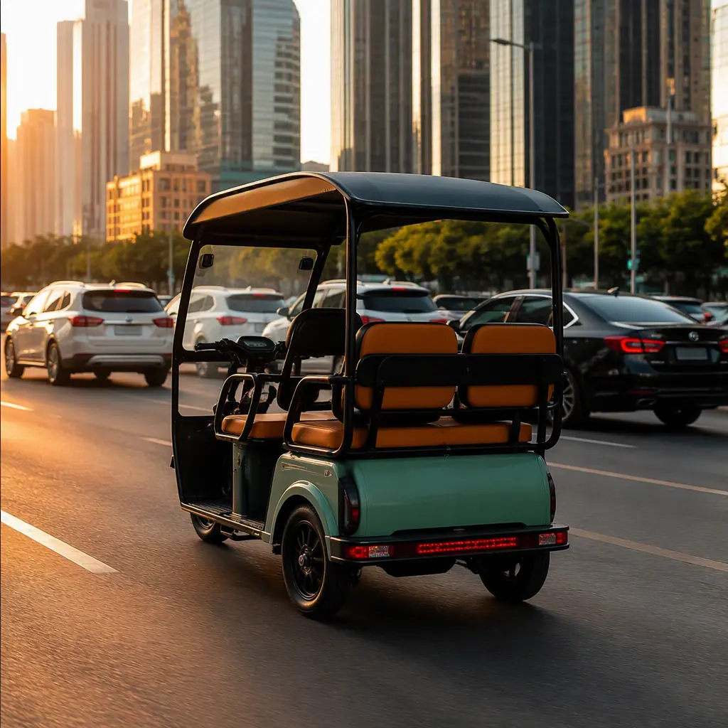 Three-wheeled electric passenger tricycle with canopy driving through city traffic at golden hour