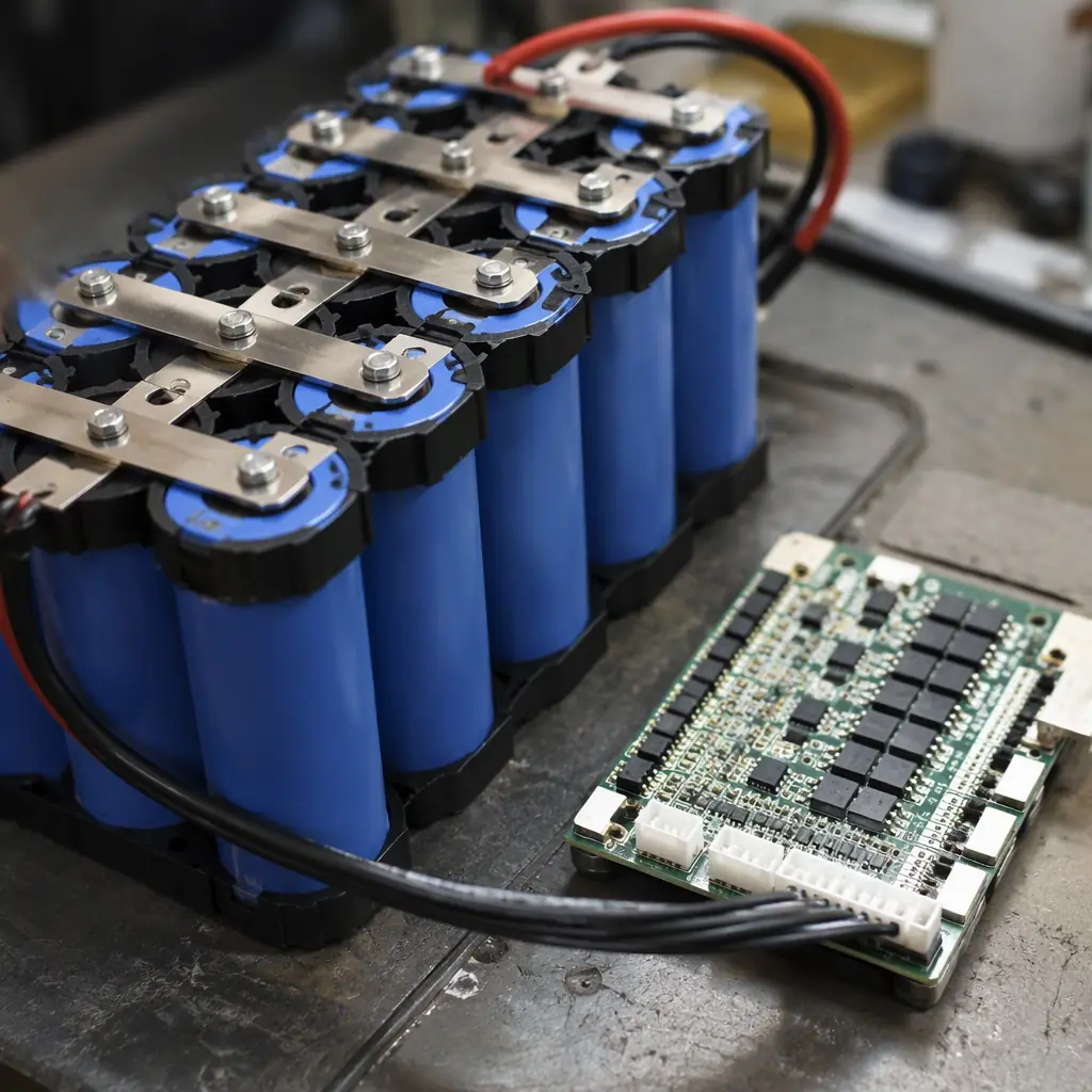E-bike lithium battery pack with smart BMS circuit board and EU Battery Passport label displayed