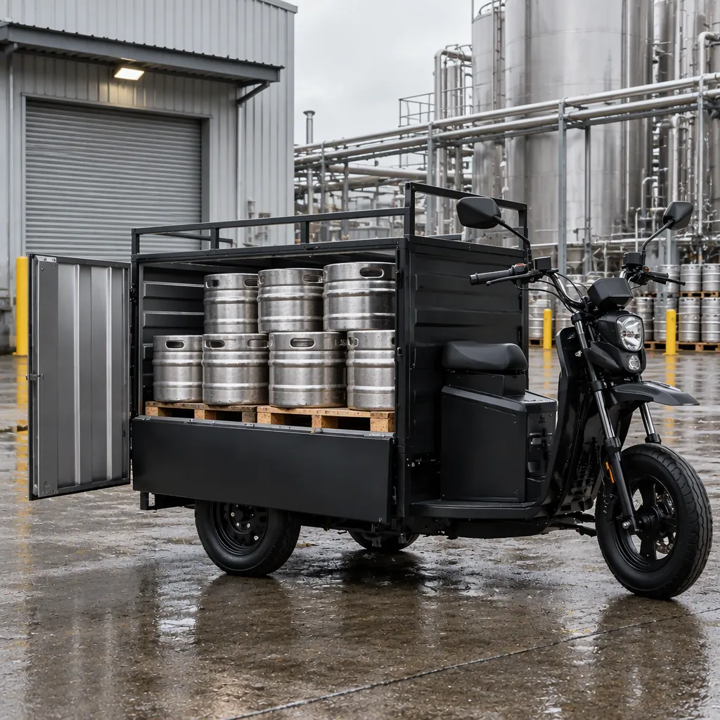 Electric cargo tricycle with one front wheel and two rear wheels on a beverage plant loading apron, loaded with stainless steel kegs on a pallet