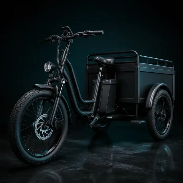 Three-wheeled electric cargo tricycle with front hydraulic disc brake in a dark studio with teal rim lighting