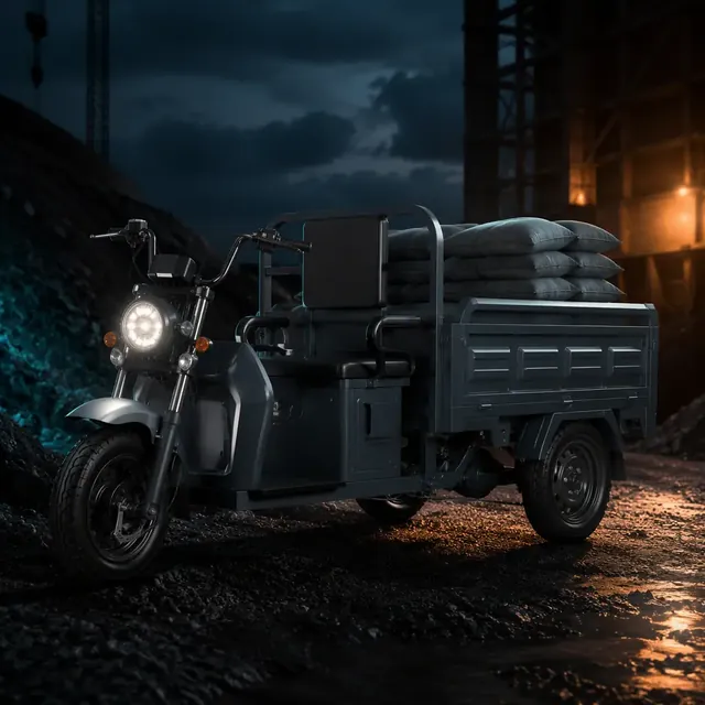 Three-wheeled electric cargo tricycle loaded with building material sacks on a dark construction site at dusk, teal rim lighting
