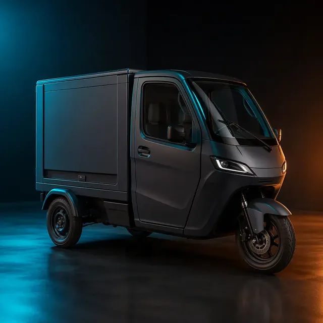 Fully enclosed three-wheeled electric cargo tricycle with a cabin, two rear wheels, and rain on the windshield, dark studio with teal rim lighting