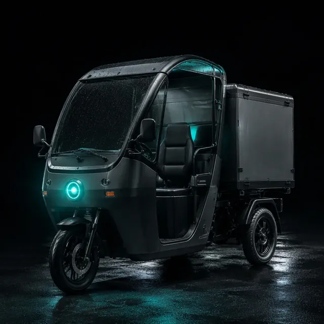 Three-wheeled electric cargo tricycle with a full weathertight canopy driving through rain on a city street