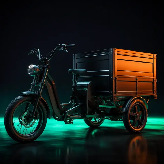 Three-wheeled electric cargo tricycle with a large rear box in a dark studio with teal rim lighting