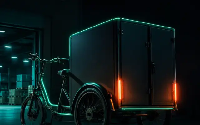 Commercial cargo electric tricycle with large rear cargo box in dark warehouse