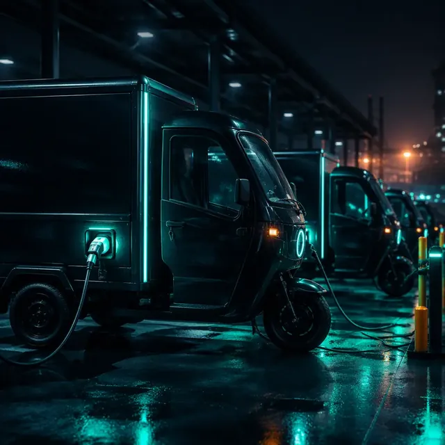 Three-wheeled electric cargo tricycles plugged into charging cables at a fleet depot at night, teal LED charge indicators