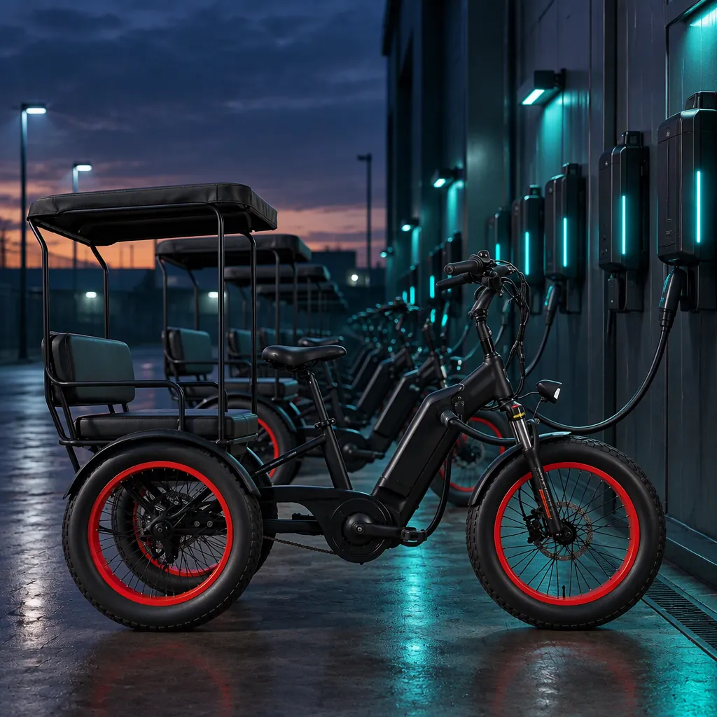 Three-wheeled electric cargo tricycles plugged into charging cables at a fleet depot at night, teal LED charge indicators