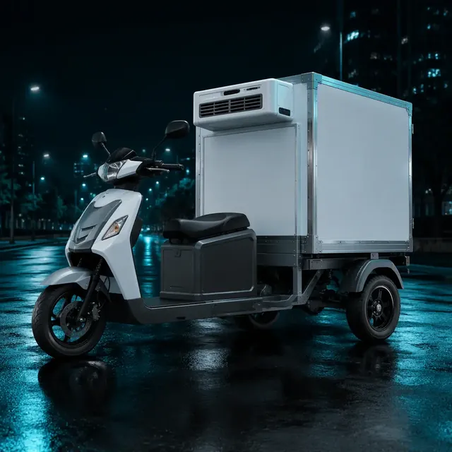 Three-wheeled electric cargo tricycle with a white refrigerated cargo box on its deck, dark city street at night with teal rim lighting