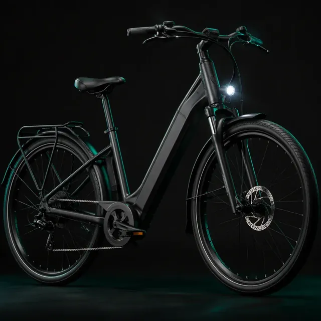 City commuter e-bike with step-through frame in a dark studio with teal rim lighting
