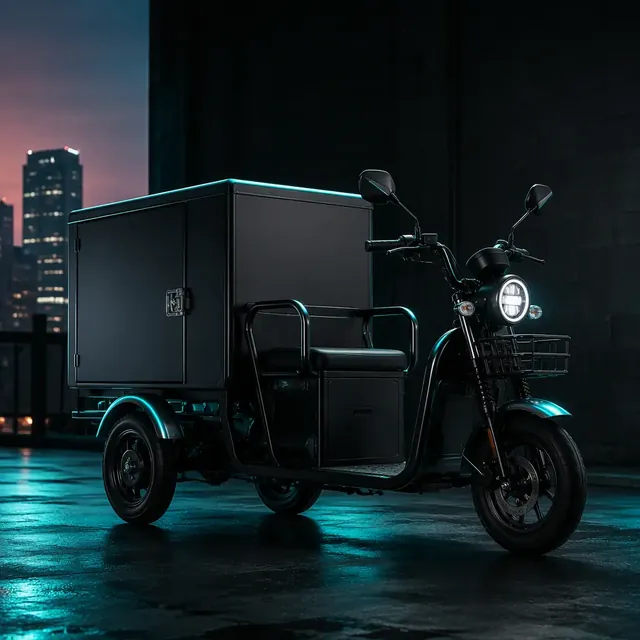 Cargo electric tricycle with a lockable parcel box in an urban courier setting at dusk with teal rim lighting