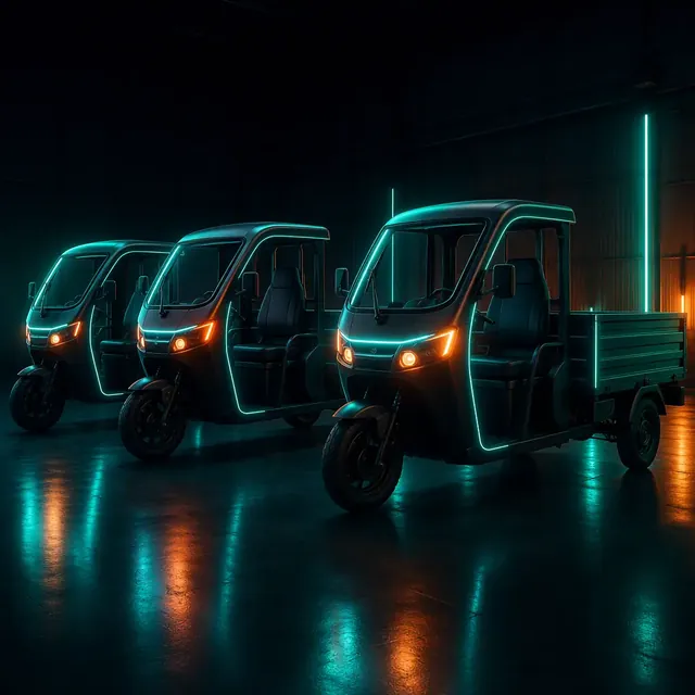 Three-wheeled electric cargo tricycles lined up in a dark showroom with teal rim lighting