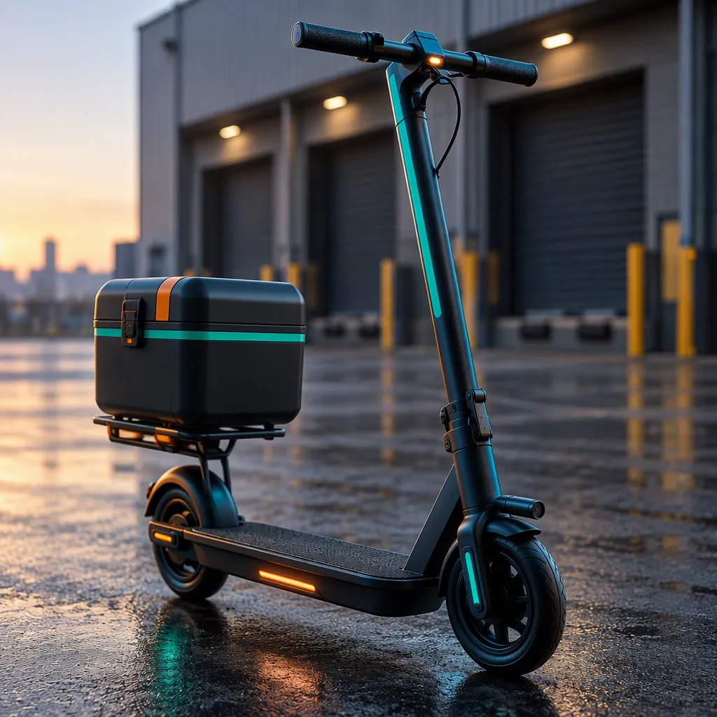 Delivery e-scooter with a locked cargo box parked at a city depot loading bay at dawn