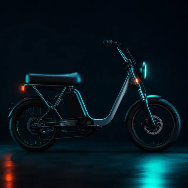Electric moped with step-through frame in a dark studio with teal rim lighting
