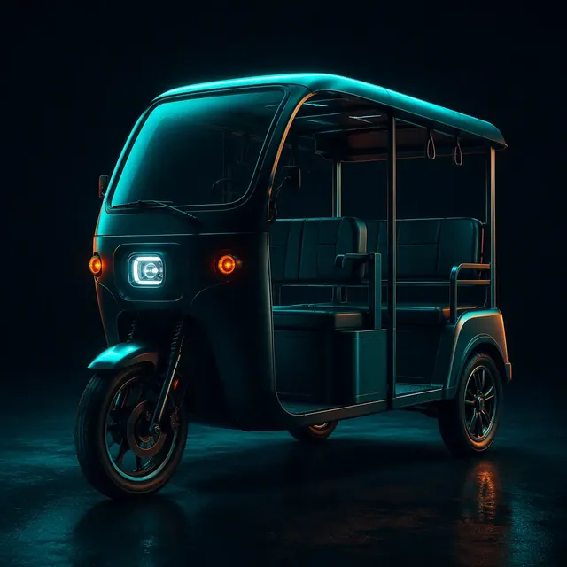 Passenger electric tricycle with two rear wheels in a dark studio with teal rim lighting