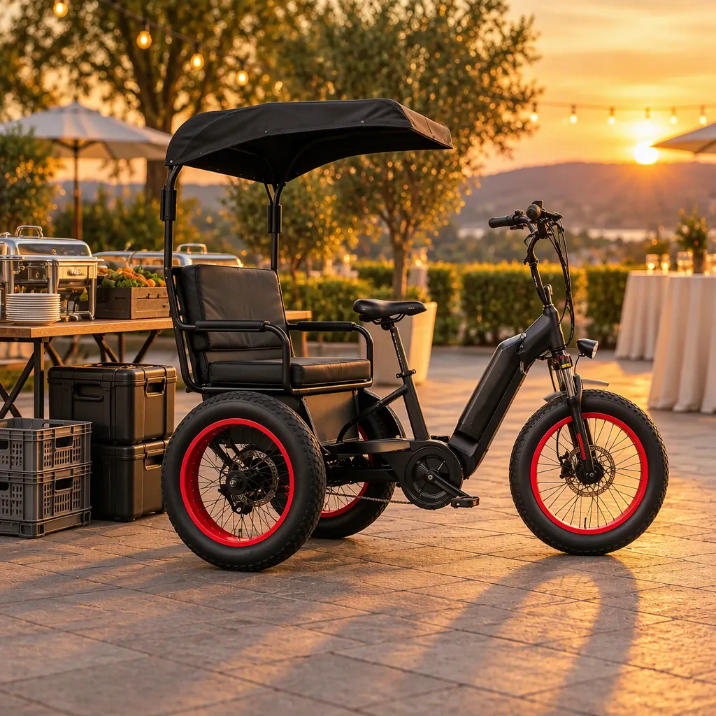 Electric cargo tricycle with one front wheel and two rear wheels at an outdoor event terrace, loaded with catering equipment and insulated food carriers