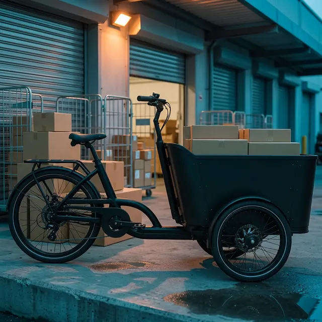 Electric cargo tricycle loaded with parcels at an express depot loading bay