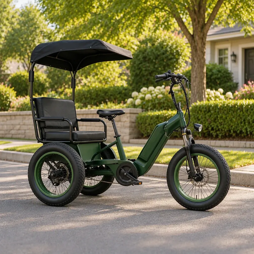 Three-wheeled electric passenger tricycle with a rear bench seat parked outside a family home on a suburban street, one front wheel and two rear wheels