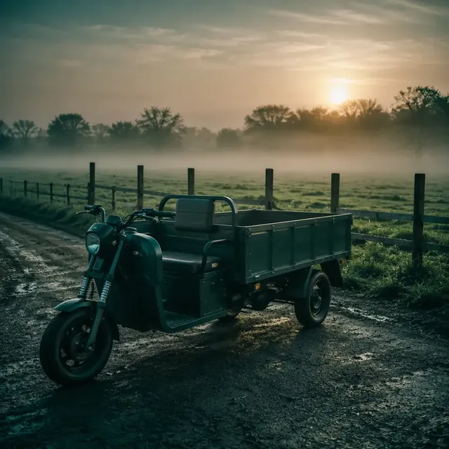 Three-wheeled electric cargo tricycle driving along a fenced pasture at sunrise with mist over fields