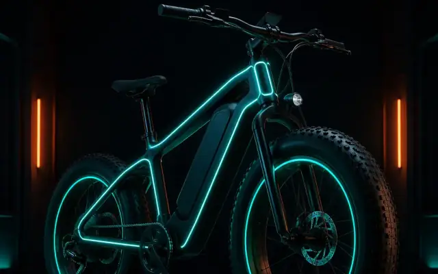 Fat-tire e-bike with wide 4.0 inch tires in a dark showroom with teal rim lighting