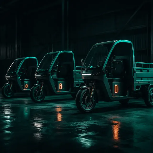 A fleet of three-wheeled electric cargo tricycles parked in formation in a dark depot with teal rim lighting