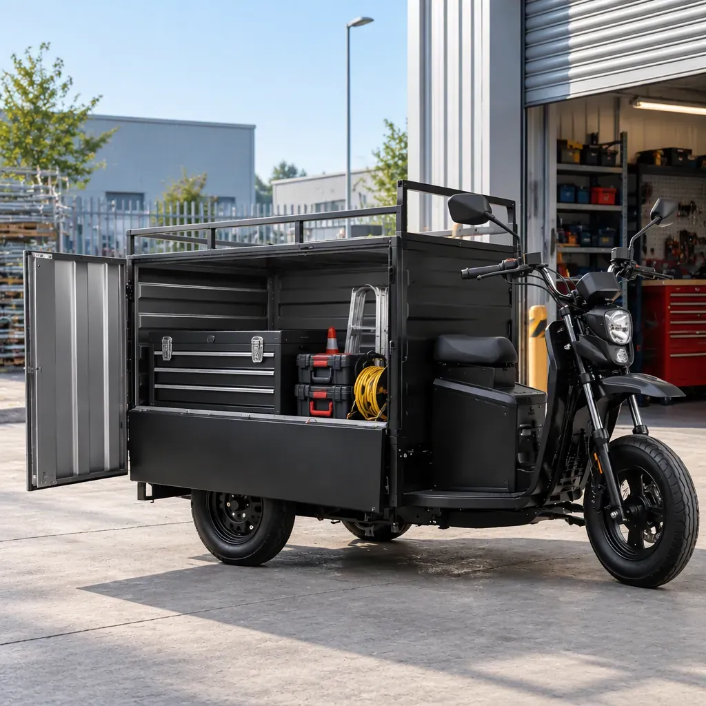 Three-wheeled electric cargo tricycle with an open drop-side tool box configured for a mobile field-service fleet, parked in an urban service yard, one front wheel and two rear wheels