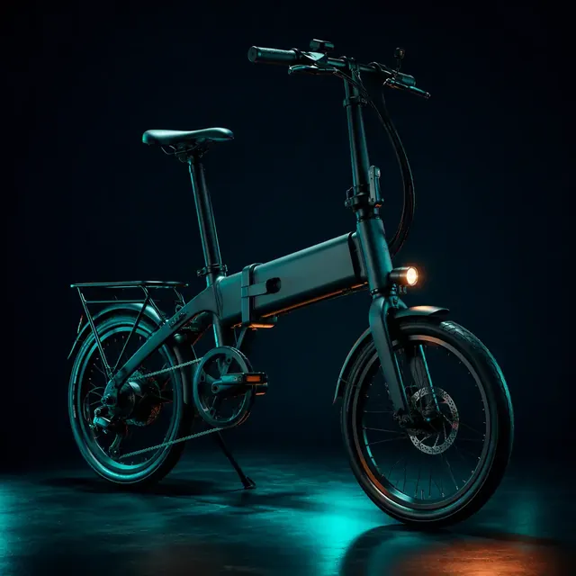 Folding e-bike with 20-inch wheels in a dark studio with teal rim lighting
