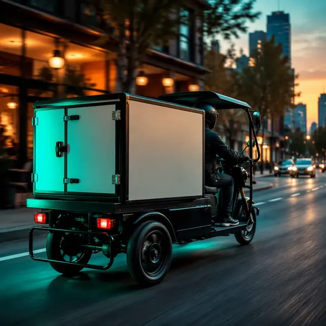 Three-wheeled electric cargo tricycle with an insulated food delivery box riding a city street at dusk