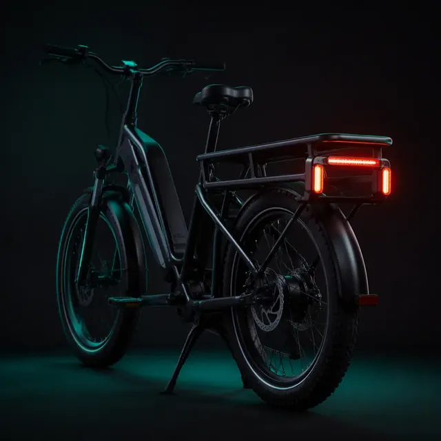 Utility e-bike with rear cargo rack in a dark studio with teal rim lighting
