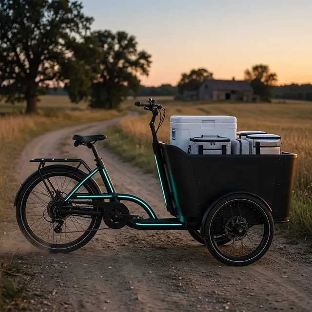 Electric cargo tricycle with a mobile clinic awning on a rural dirt road at dusk