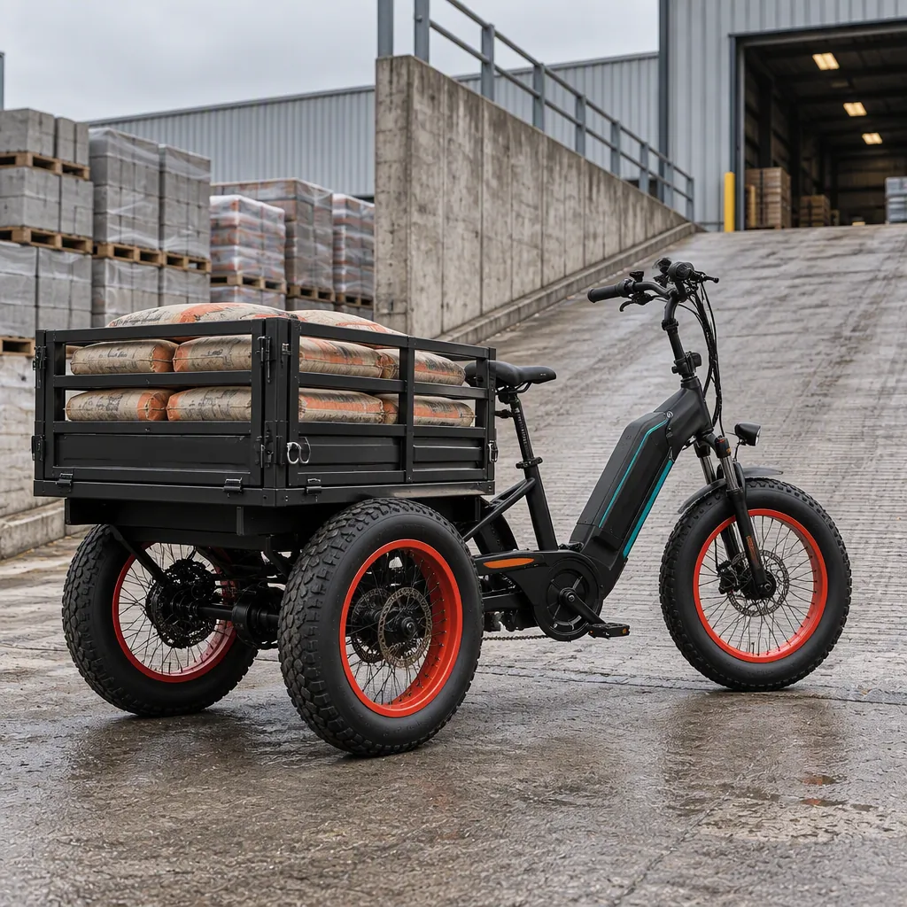 Heavy-duty three-wheeled cargo e-tricycle with a reinforced steel flatbed loaded with construction material on a steep industrial ramp