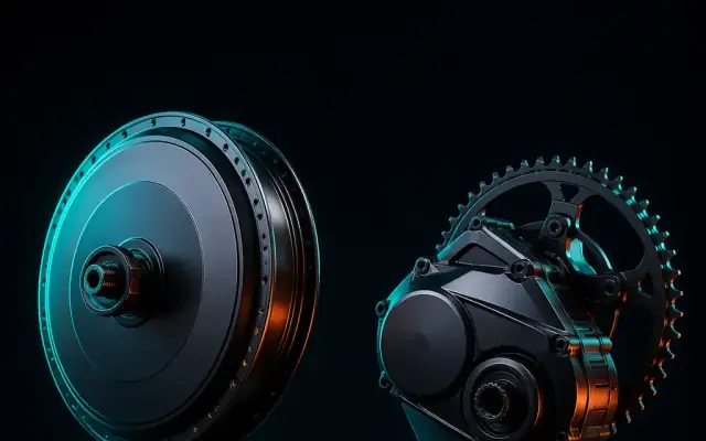Hub motor and mid-drive motor on display in dark studio with teal rim lighting