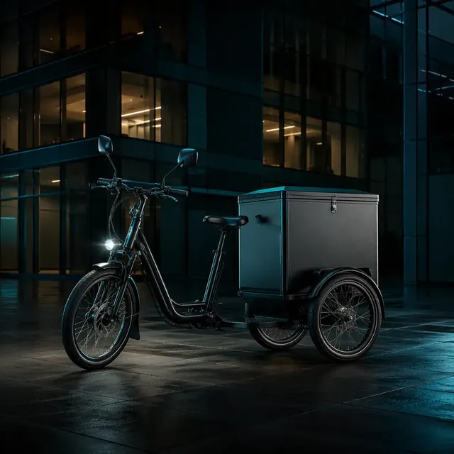 Electric cargo tricycle parked in front of a modern office building at dusk with teal rim lighting