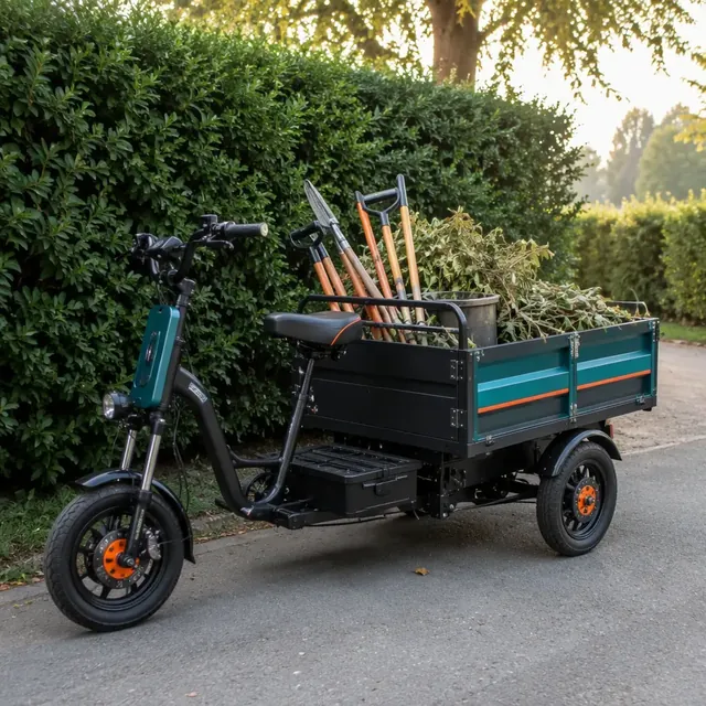 Three-wheeled electric cargo tricycle with a drop-side bin loaded with garden tools, parked beside a green hedge in early morning light