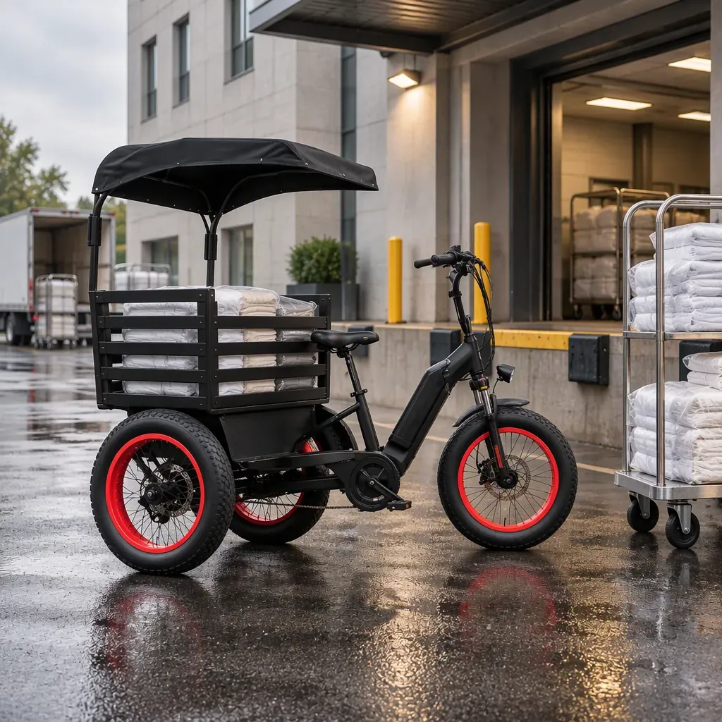 Delta three-wheeled electric cargo tricycle at a hotel service dock loaded with bagged linen