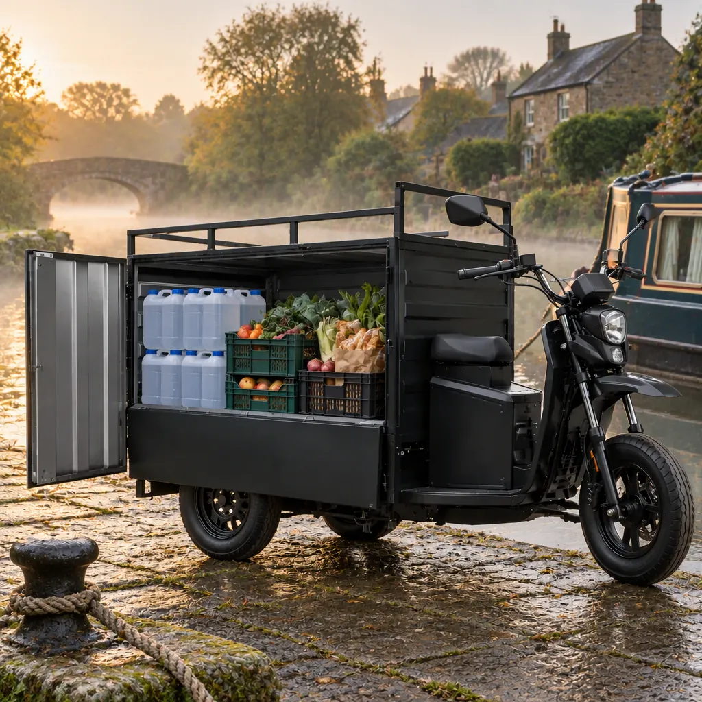 Three-wheeled electric cargo tricycle loaded with water containers and store crates on a canal-side quay beside a moored narrowboat, one front wheel and two rear wheels